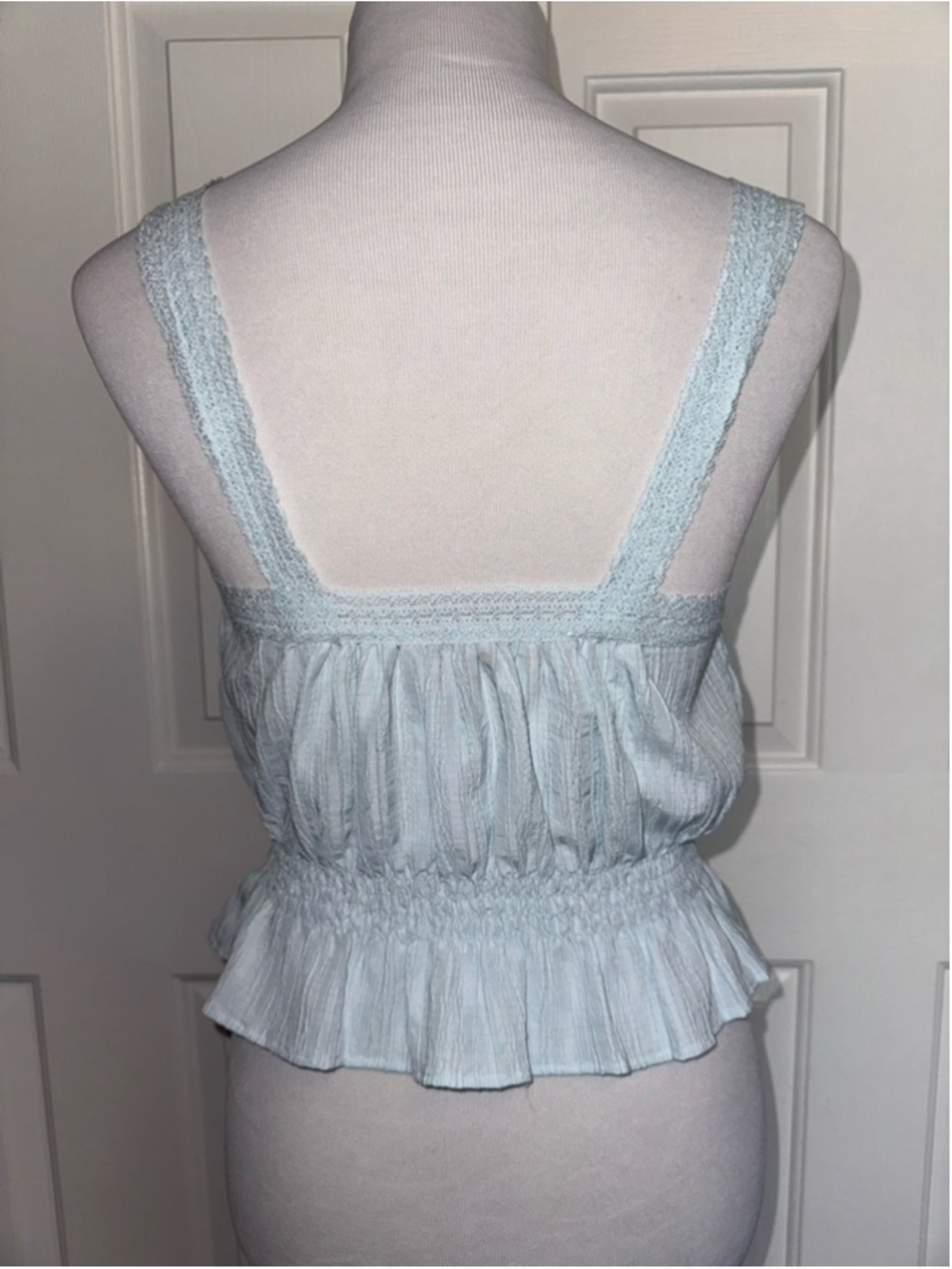American Eagle Coquette Lace Trim Peplum Top Cottagecore Baby Blue Tank Small - Picture 2 of 9